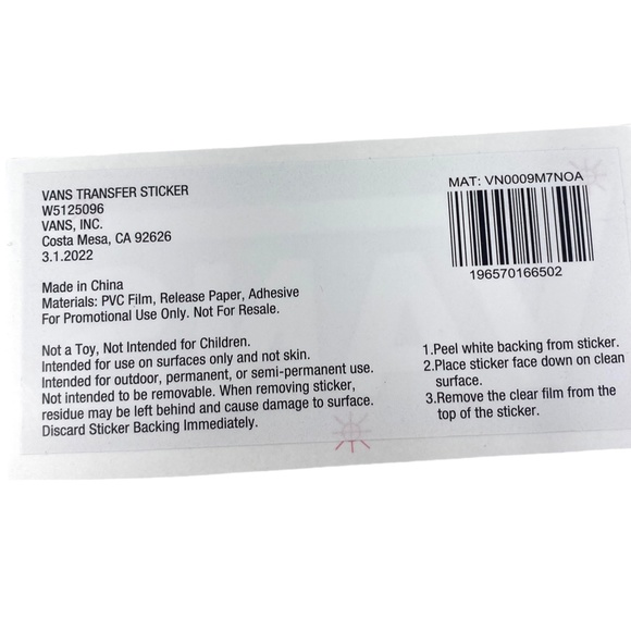 VANS Transfer Sticker Vinyl Red Logo VN0009M7NOA - Picture 3 of 3